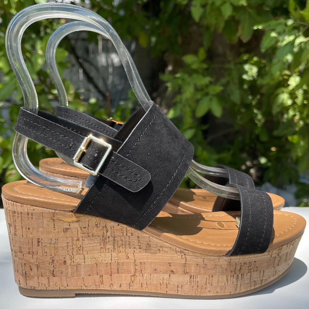 Last 9!  CALEB-42 Black Ankle Strap Slingback Chunky Platform Cork Heel Sandal - Picture 3 of 10